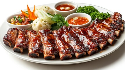 Wall Mural - A plate of smoky grilled pork ribs served with a variety of side dishes, the ribs glistening under soft light on a clean white background.