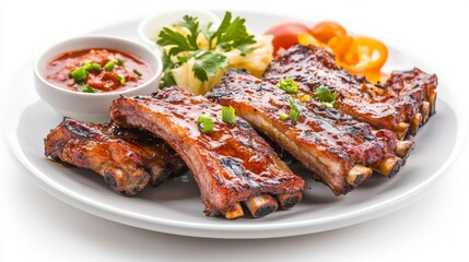 Canvas Print - A plate of smoky grilled pork ribs served with a variety of side dishes, the ribs glistening under soft light on a clean white background.