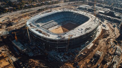 Wall Mural - Image of a large-scale sports complex under construction, showing the early stages of the stadium and surrounding facilities