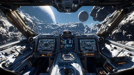 Wall Mural - dashboard in the cockpit of a spaceship with a pilot in the cockpit