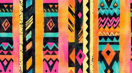 Colorful geometric tribal pattern with hand painted stripes and ethnic motifs in a seamless design Watercolor ethnic background