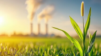 A green plant is growing in a field next to a power plant