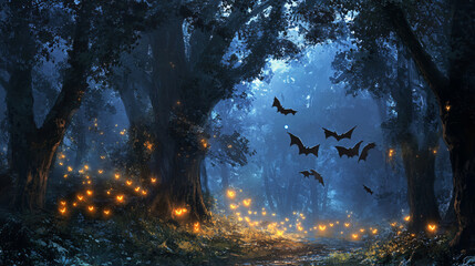 A mystical forest where bats fly through trees, their wings leaving glowing rune patterns.