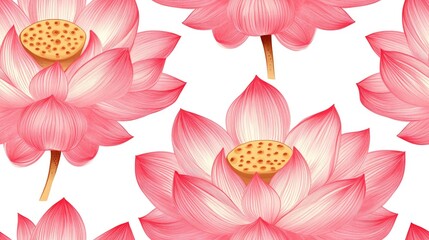 Seamless lotus flower pattern in traditional style on white background