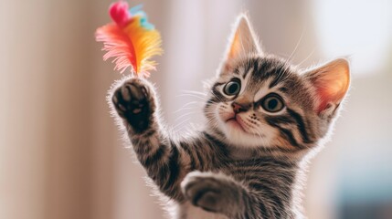 Poster - A playful kitten batting at a colorful feather toy, with its eyes wide and focused, set against a clean, light background.