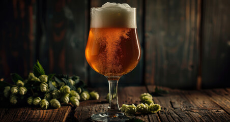 Wall Mural -  glass beer glass in vintage style filled with beer to the brim, stands on a dark tabletop made of rough wood