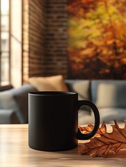 Wall Mural - Cozy autumn setting with a black mug and fallen leaves in a warm living room with natural light streaming through the window