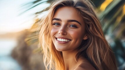 Poster -  Smiling woman looking at the camera. A friendly and approachable image often used in lifestyle, travel, or fashion content 