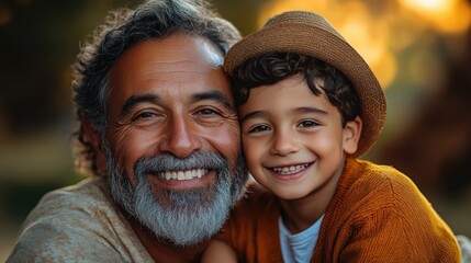 Poster - family portrait of grandfather, father, and grandson hugging and smiling, celebrating family bonds.