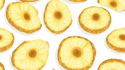 Seamless pattern featuring fresh cut pineapple rings on a white background Summer fruits promoting a healthy lifestyle Organic fruit illustrated in a cartoon style for various design applications