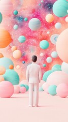 Wall Mural - Man in White Suit Stands Before a Galaxy of Pastel Planets.