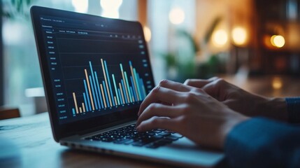 Poster - A professional analyzing a financial bar chart on a laptop, with a focus on the detailed data and trends presented in the graph.