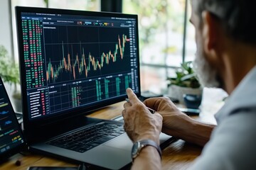 Poster - Man analyzing stock market trends on a laptop at a modern office during daylight hours
