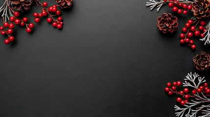 Wall Mural - This Christmas-themed flat lay displays green pine branches adorned with vibrant red berries and snow on a contrasting dark gray and black background, creating a festive atmosphere