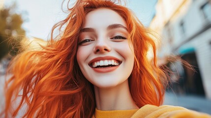 Poster -  happy woman with orange colored hair selfie