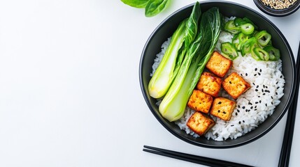 Wall Mural - Fresh Tofu Rice Bowl with Greens and Sesame Seeds