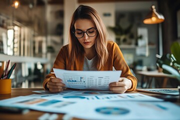 Poster - Young professional analyzing business reports in a modern office during the afternoon, surrounded by charts and notes