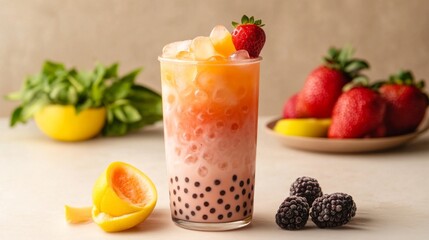 Poster - A refreshing glass of bubble tea with a mix of fruit flavors, ice cubes, and pearls, placed on a light-colored table with fresh fruit in the background.
