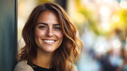 Poster -  Smiling woman looking at the camera. 