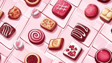 Wall Mural - Seamless Background of Food Sweets with White Contours and Pink Tile Pattern