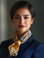 Wall Mural - A woman in a blue suit and scarf is smiling for the camera