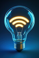 Wall Mural - A glowing light bulb designed with Wi-Fi signal symbol representing modern technology and connectivity against a deep blue background