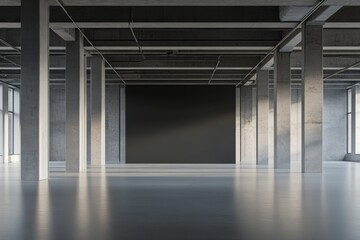 Sticker -  A large, empty, open space with concrete columns and an overhead ceiling, a white floor, grey walls, and a black background wall in the middle of the room. Interior design mockup for an office or war