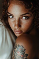 Poster - Pretty girl with tattoo. Mixed race. Model magazine