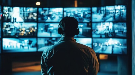 Poster - A person monitors multiple surveillance screens in a dimly lit environment.