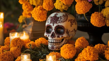 Atmospheric setting with decorated skull and marigold flowers, candles.