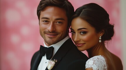 Poster - wedding,  groom and bride , pink backdrop.  romantic moment. 