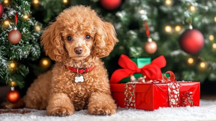 Wall Mural - Cute Poodle Resting Calmly Next to a Christmas Tree Decorated with Lights and Gifts. Adorable Family Pet