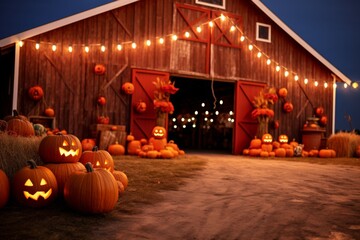 Red barn on background, in the middle hay bales, some pumpkins, pumpkins on sides, lanterns and bulbs are hanging side to side, depth of field,  halloween mood