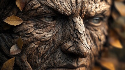 A detailed close-up of a wooden face with natural textures and leaves, evoking themes of nature, life, and mythology.