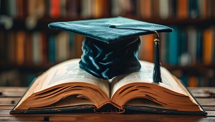 Modern graduation cap soaring above an open book, embodying the essence of knowledge and education in a tech-inspired artistic design