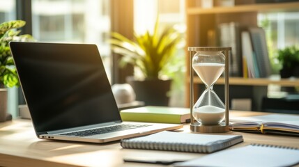 A sand timer placed on a modern office desk with a laptop and notebooks, symbolizing time management and productivity.