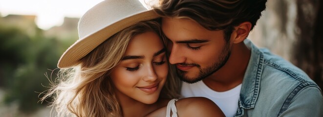 Poster - portrait of a loving couple hugging in nature