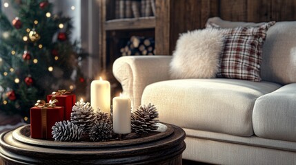 Wall Mural - cozy interior with Christmas decorations, winter vibe, Christmas core, 3d render