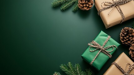 Wall Mural -  festive christmas decorations with green gifts and pine cones on a dark green background with copy space in the middle 