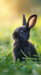 Cute black bunny sitting in grass with ears up looking away in soft sunlight on a grassy field