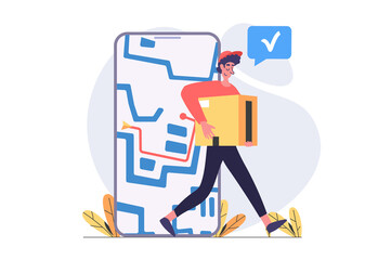 Delivery concept in modern flat design for web. Man courier shipping parcel box and distributing orders to client at home with online route tracking service in mobile application. Illustration.