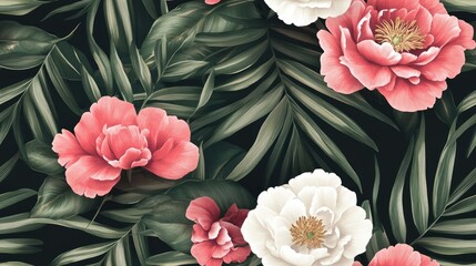 Tropical leaf and peony flower pattern with palm leaves