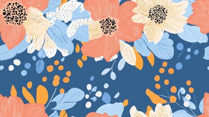 Seamless pattern featuring a horizontal stylized floral motif with holes spots and doodles on a blue background Hand drawn horizontal floral design