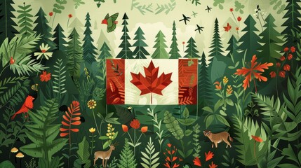 A vibrant illustration of Canada's natural beauty, featuring the flag amidst lush greenery and wildlife, celebrating the country's diversity.