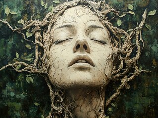 Poster - Woman with Tree Roots: Surreal Sculpture of Nature and Humanity