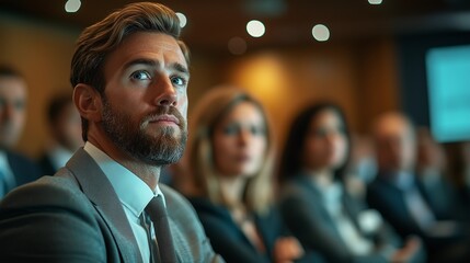 A group of business people at a conference or meeting, sitting in arow and listening to a presentation. Highlighting the focus and engagement of attendees.