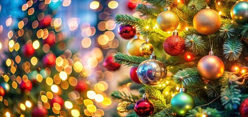 Christmas Tree With Baubles balls And Blurred Shiny Lights ornaments decoration