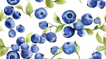 Wall Mural - Seamless watercolor pattern featuring blueberries