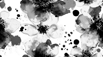 Wall Mural - Seamless pattern featuring a contemporary romantic design in black and white incorporating hand drawn flowers and ink splashes Watercolor effect suitable for textiles napkins bandanas and fashion a