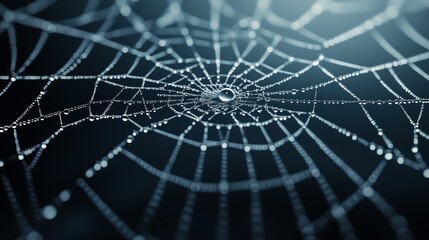 Close-up image of a spider web adorned with dew drops, showcasing intricate patterns and the beauty of nature.